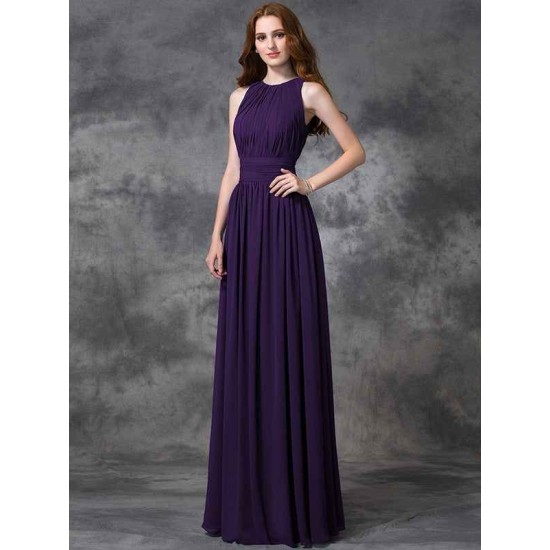 Charming Jewel Ruched Sleeveless Long Chiffon Bridesmaid Dresses