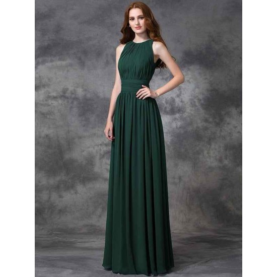 Charming Jewel Ruched Sleeveless Long Chiffon Bridesmaid Dresses