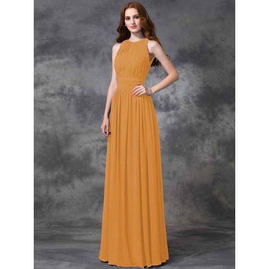 Charming Jewel Ruched Sleeveless Long Chiffon Bridesmaid Dresses