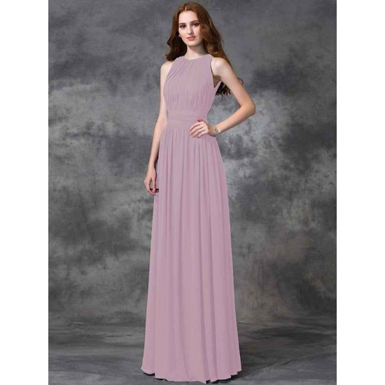Charming Jewel Ruched Sleeveless Long Chiffon Bridesmaid Dresses