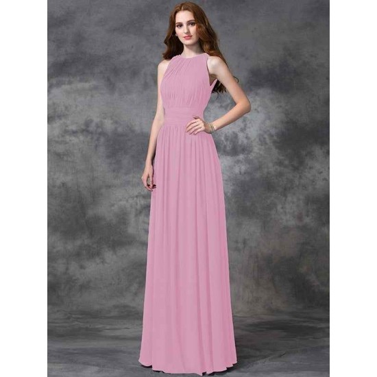 Charming Jewel Ruched Sleeveless Long Chiffon Bridesmaid Dresses