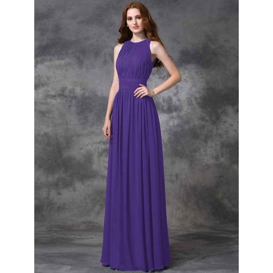Charming Jewel Ruched Sleeveless Long Chiffon Bridesmaid Dresses