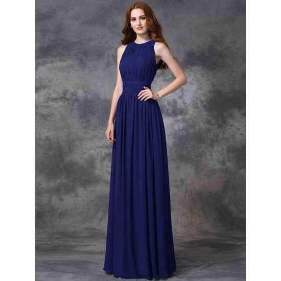 Charming Jewel Ruched Sleeveless Long Chiffon Bridesmaid Dresses