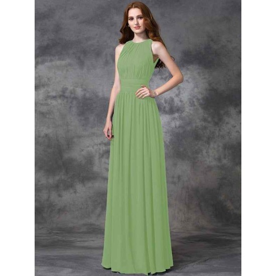 Charming Jewel Ruched Sleeveless Long Chiffon Bridesmaid Dresses