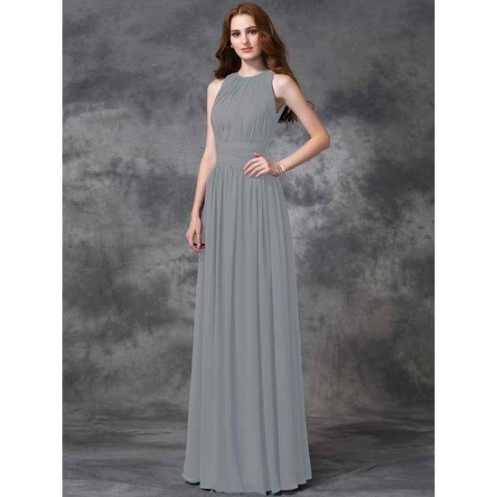 Charming Jewel Ruched Sleeveless Long Chiffon Bridesmaid Dresses