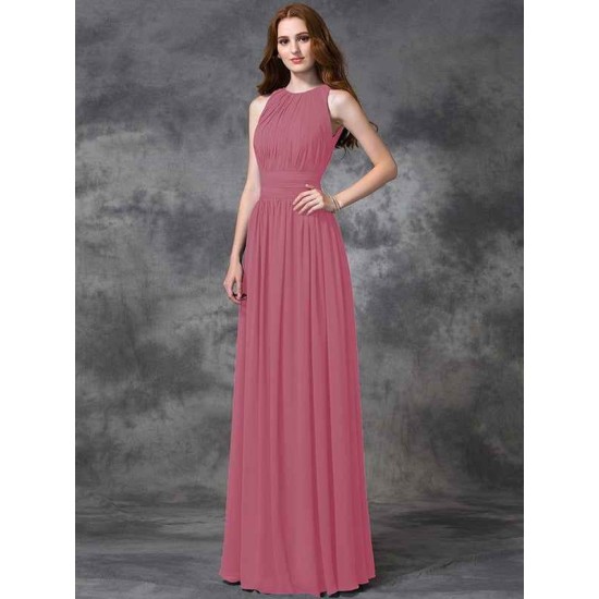 Charming Jewel Ruched Sleeveless Long Chiffon Bridesmaid Dresses