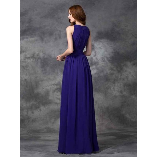 Charming Jewel Ruched Sleeveless Long Chiffon Bridesmaid Dresses