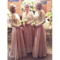 Charming Long Sleeves V-neck Lace Chiffon Bridesmaid Dresses