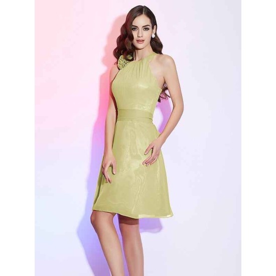 Charming High Neck Sleeveless Hand-Made Flower Short Chiffon Bridesmaid Dresses