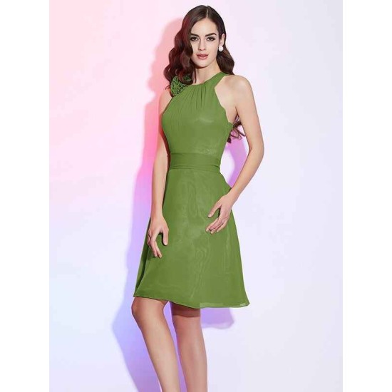 Charming High Neck Sleeveless Hand-Made Flower Short Chiffon Bridesmaid Dresses