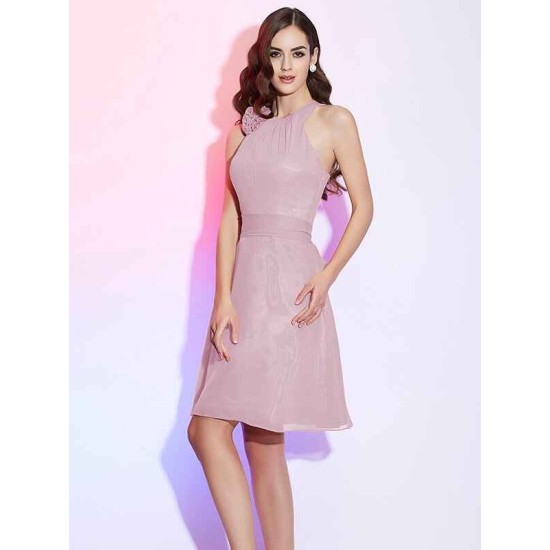 Charming High Neck Sleeveless Hand-Made Flower Short Chiffon Bridesmaid Dresses