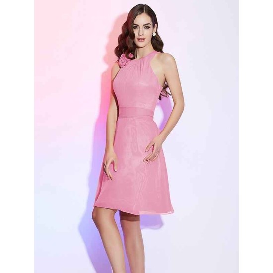 Charming High Neck Sleeveless Hand-Made Flower Short Chiffon Bridesmaid Dresses