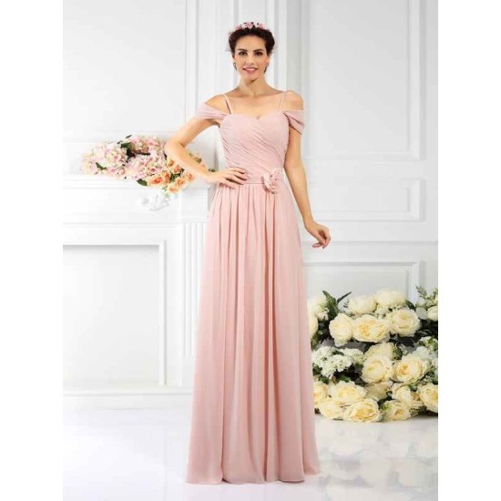 Charming Spaghetti Straps Pleats Sleeveless Long Chiffon Bridesmaid Dresses