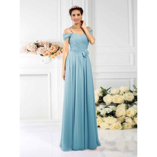 Charming Spaghetti Straps Pleats Sleeveless Long Chiffon Bridesmaid Dresses