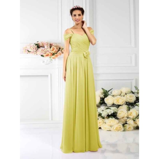Charming Spaghetti Straps Pleats Sleeveless Long Chiffon Bridesmaid Dresses