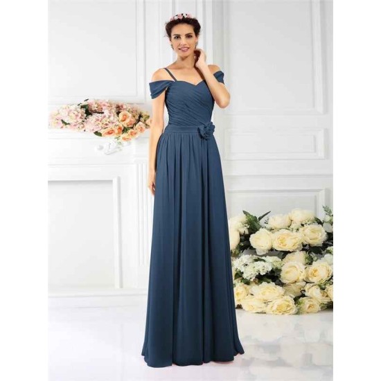 Charming Spaghetti Straps Pleats Sleeveless Long Chiffon Bridesmaid Dresses
