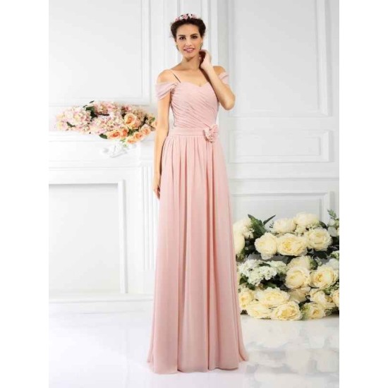 Charming Spaghetti Straps Pleats Sleeveless Long Chiffon Bridesmaid Dresses