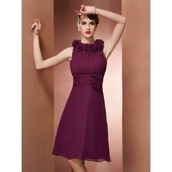 Charming High Neck Sleeveless Hand-Made Flower Short Chiffon Bridesmaid Dresses