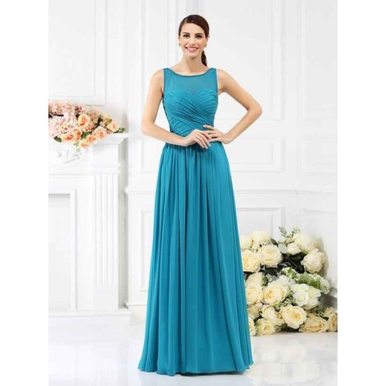 Modern Bateau Pleats Sleeveless Long Chiffon Bridesmaid Dresses