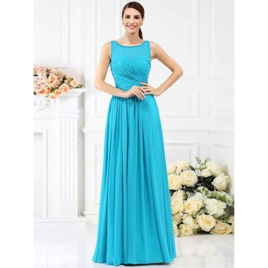 Modern Bateau Pleats Sleeveless Long Chiffon Bridesmaid Dresses