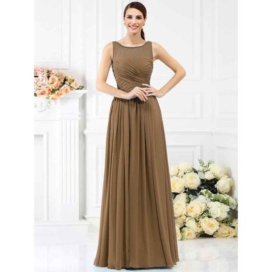 Modern Bateau Pleats Sleeveless Long Chiffon Bridesmaid Dresses