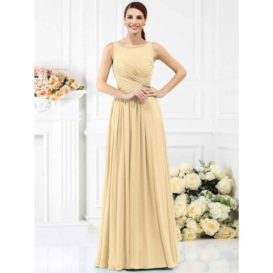 Modern Bateau Pleats Sleeveless Long Chiffon Bridesmaid Dresses