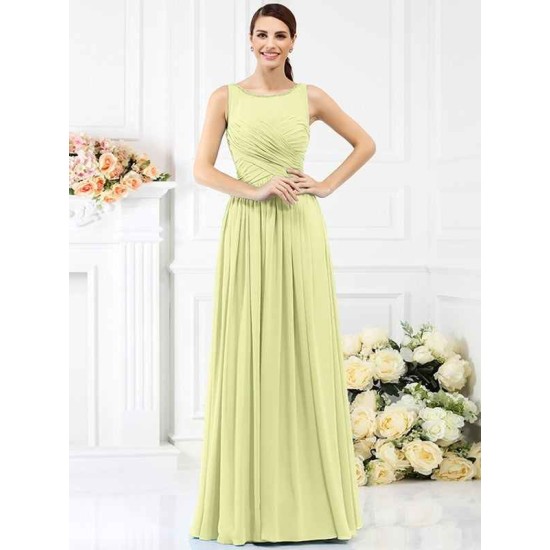 Modern Bateau Pleats Sleeveless Long Chiffon Bridesmaid Dresses