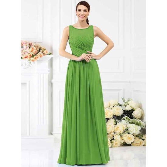 Modern Bateau Pleats Sleeveless Long Chiffon Bridesmaid Dresses