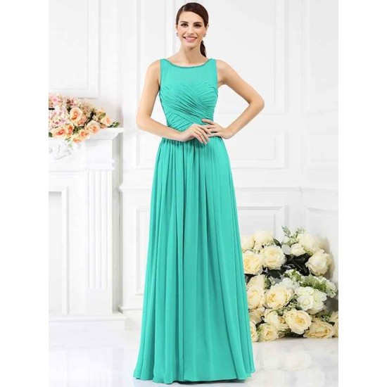 Modern Bateau Pleats Sleeveless Long Chiffon Bridesmaid Dresses