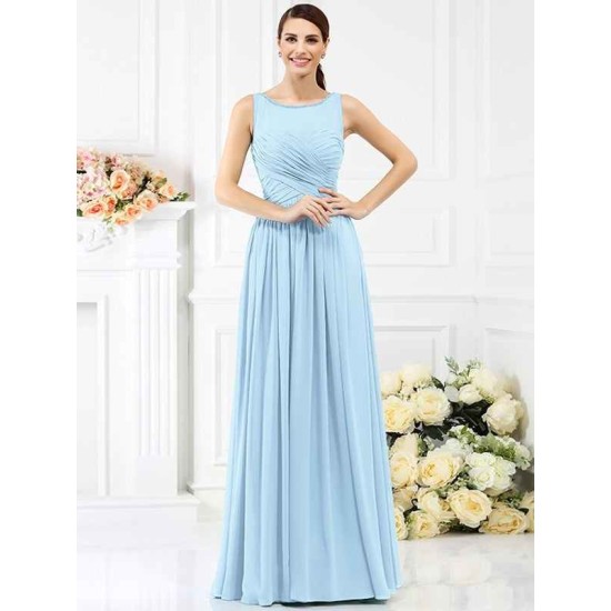 Modern Bateau Pleats Sleeveless Long Chiffon Bridesmaid Dresses