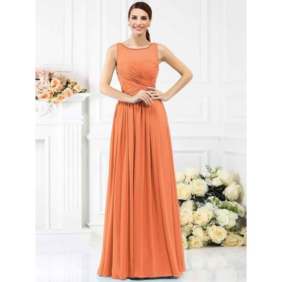 Modern Bateau Pleats Sleeveless Long Chiffon Bridesmaid Dresses
