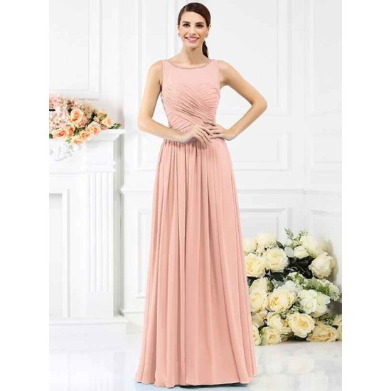 Modern Bateau Pleats Sleeveless Long Chiffon Bridesmaid Dresses