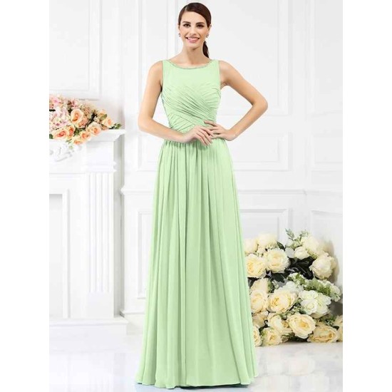 Modern Bateau Pleats Sleeveless Long Chiffon Bridesmaid Dresses