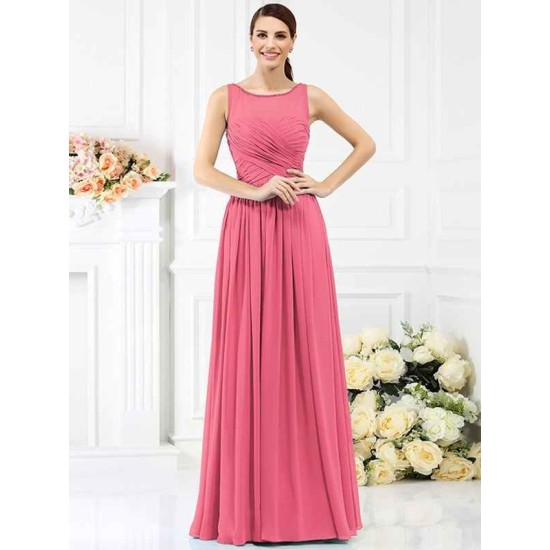 Modern Bateau Pleats Sleeveless Long Chiffon Bridesmaid Dresses