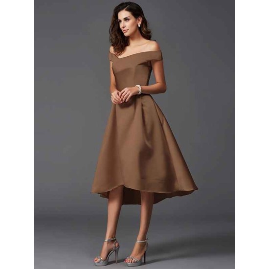 Charming Off-the-Shoulder Sleeveless High Low Satin Bridesmaid Dresses