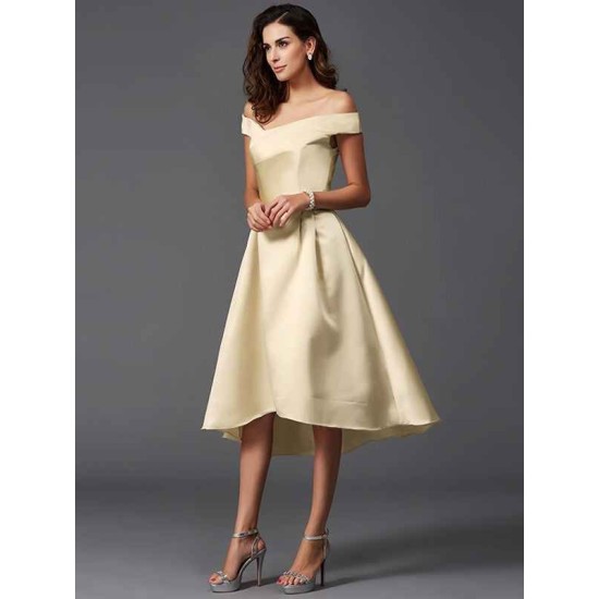 Charming Off-the-Shoulder Sleeveless High Low Satin Bridesmaid Dresses