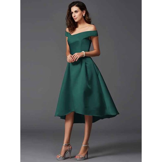 Charming Off-the-Shoulder Sleeveless High Low Satin Bridesmaid Dresses