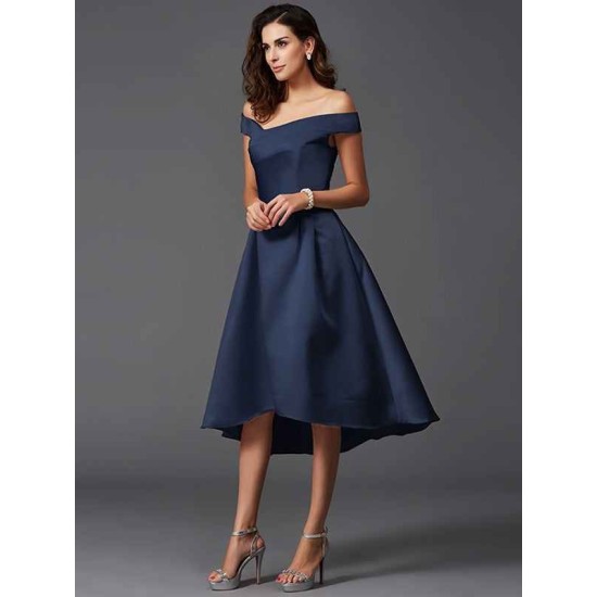 Charming Off-the-Shoulder Sleeveless High Low Satin Bridesmaid Dresses