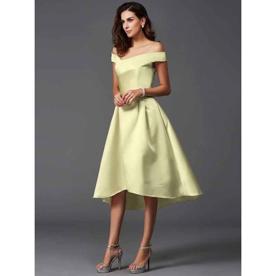 Charming Off-the-Shoulder Sleeveless High Low Satin Bridesmaid Dresses