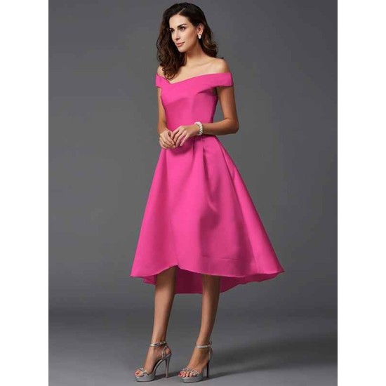 Charming Off-the-Shoulder Sleeveless High Low Satin Bridesmaid Dresses