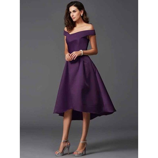 Charming Off-the-Shoulder Sleeveless High Low Satin Bridesmaid Dresses