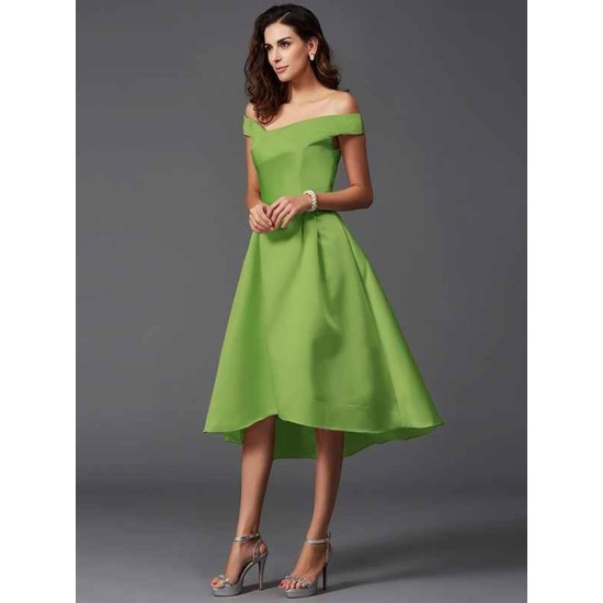 Charming Off-the-Shoulder Sleeveless High Low Satin Bridesmaid Dresses