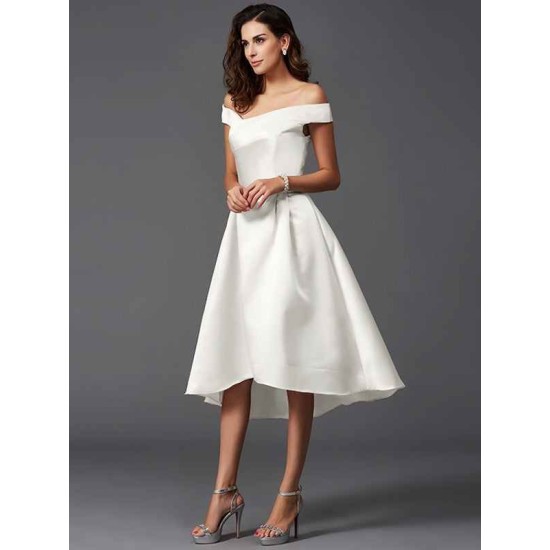 Charming Off-the-Shoulder Sleeveless High Low Satin Bridesmaid Dresses