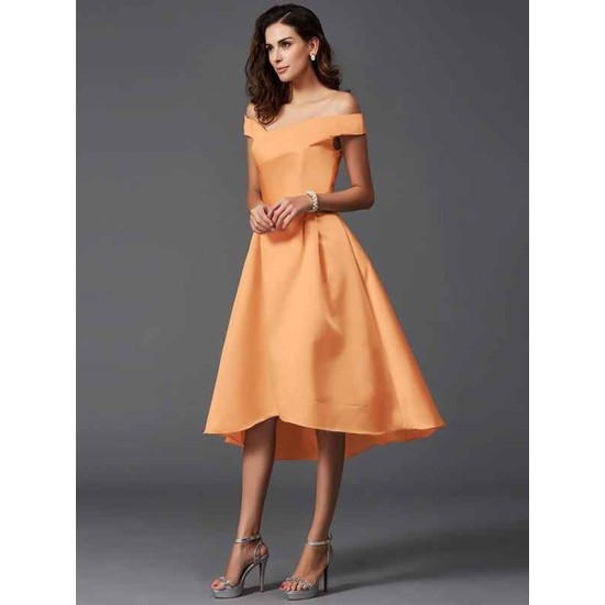 Charming Off-the-Shoulder Sleeveless High Low Satin Bridesmaid Dresses