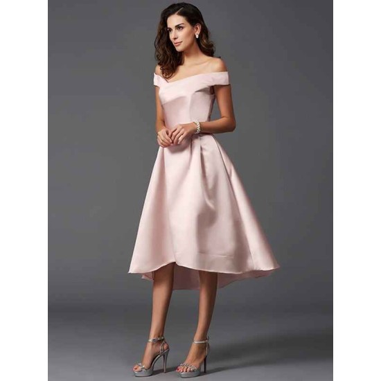 Charming Off-the-Shoulder Sleeveless High Low Satin Bridesmaid Dresses