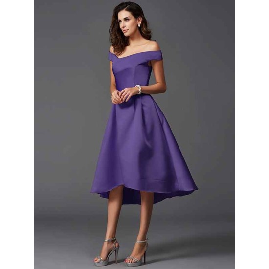 Charming Off-the-Shoulder Sleeveless High Low Satin Bridesmaid Dresses