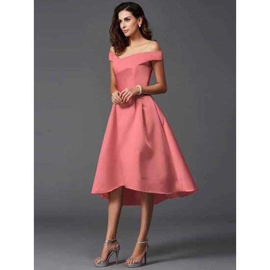 Charming Off-the-Shoulder Sleeveless High Low Satin Bridesmaid Dresses