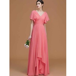 V-Neck Elegant Short Sleeves Ruched Chiffon Bridesmaid Dresses