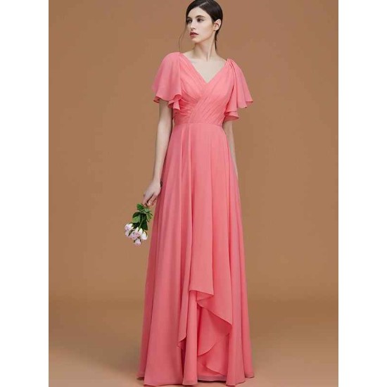 V-Neck Elegant Short Sleeves Ruched Chiffon Bridesmaid Dresses