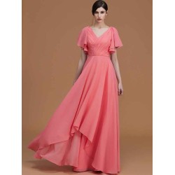 V-Neck Elegant Short Sleeves Ruched Chiffon Bridesmaid Dresses
